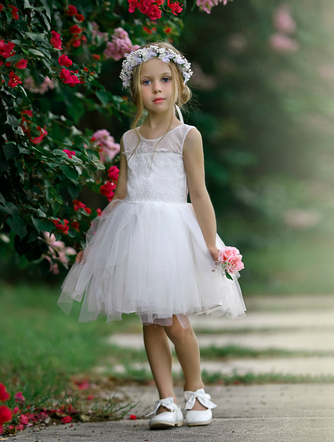 white dress pink flowers White & Pink Floral Tiered Crochet Lace Boho Maxi Dress