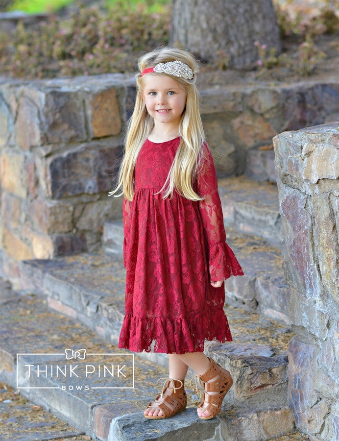 Charly Flower Girl Lace Dress - Burgundy - Think Pink Bows - 1