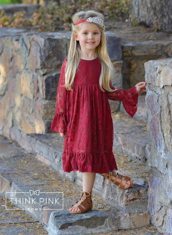 Charly Flower Girl Lace Dress - Burgundy - Think Pink Bows - 2