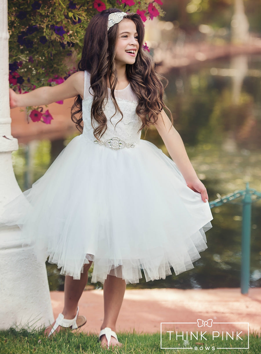 Fairy Tale  Flower Girl Dress - White - Think Pink Bows - 1