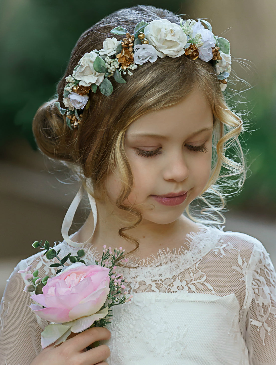 LunariaFlowersShop Flower Girl Bouquet White, Flower Girl Flowers, Flower Girl Accessories,Flower Girl Headband,Tiara Flower girl,Communion Flower Bouquet