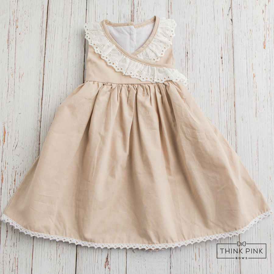 S'mores Beige Cute Little Girl Dress - Think Pink Bows - 5