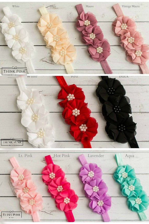 Vintage Blooms Trio Headband Toffee - 11 Colors Available - Think Pink Bows - 3