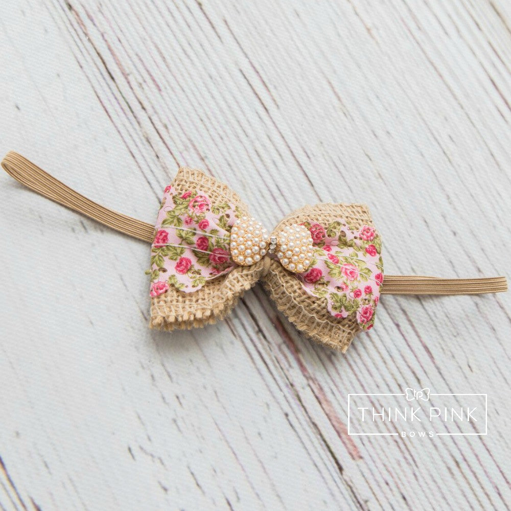Floral Romance Burlap Bow Headband - Think Pink Bows - 2