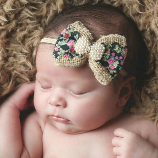 Floral Dream Burlap Bow Baby Girl Headband