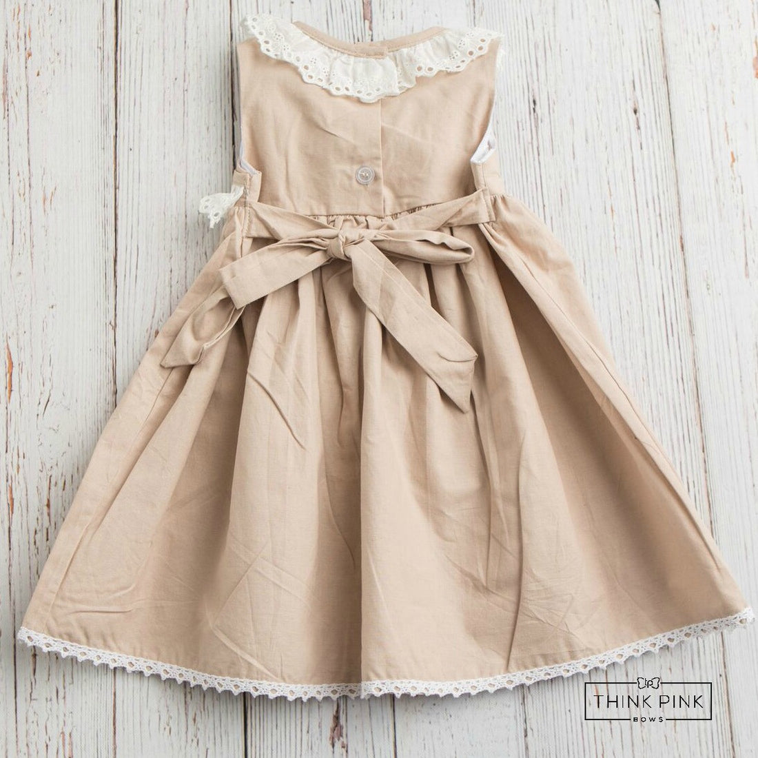 S'mores Beige Cute Little Girl Dress - Think Pink Bows - 6